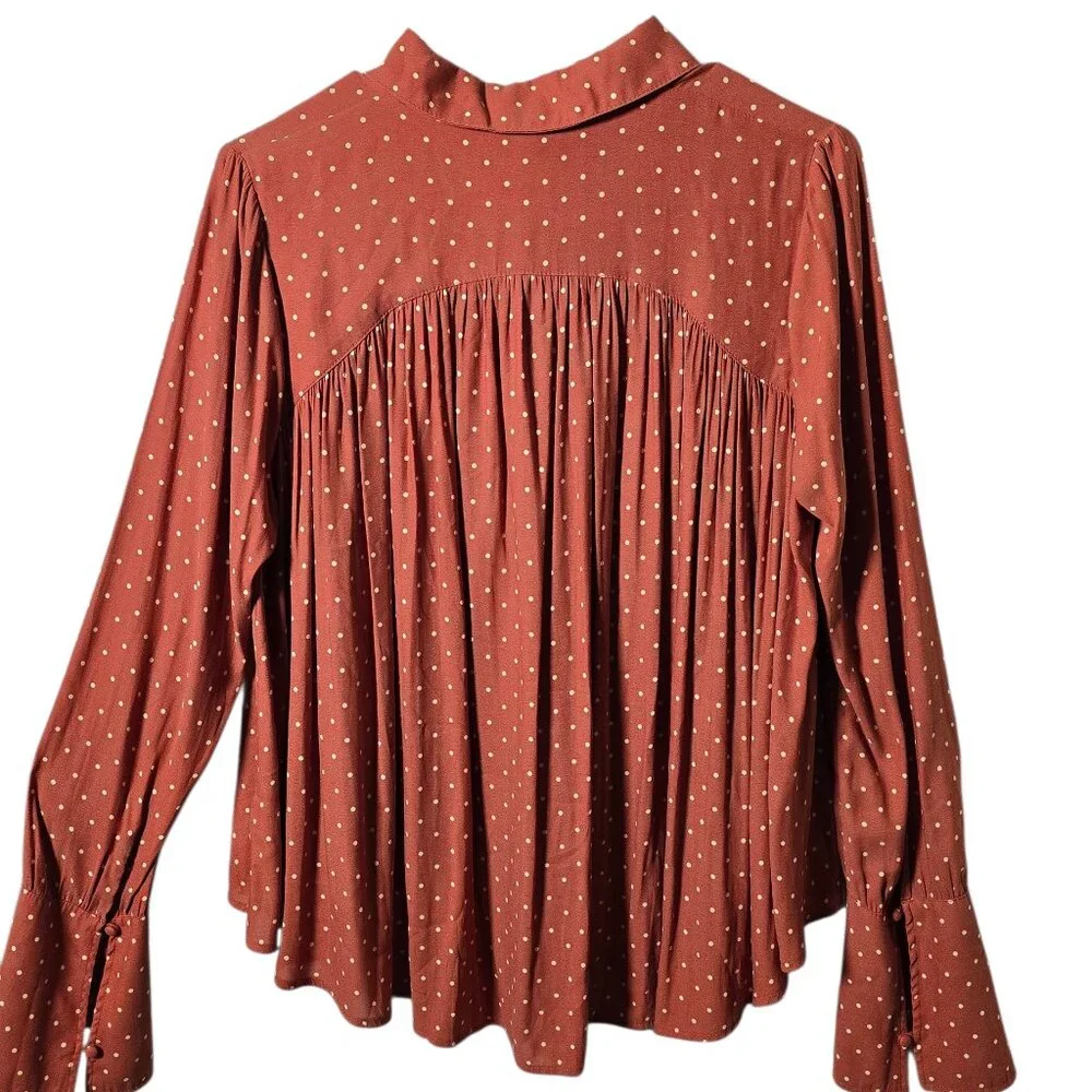 Free People Rust Polka Dot Blouse Small Romantic Boho Ruffle Button Top - Picture 6 of 11